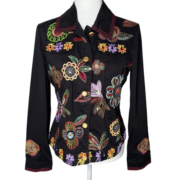 Vintage 90s Berek Jacket MP Sequin Beaded Embroidered Black Denim Colorful Artsy - Picture 1 of 10